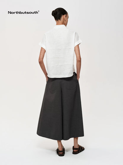 Wool Blend Pleated Wide Leg Cropped Trouser Shorts
