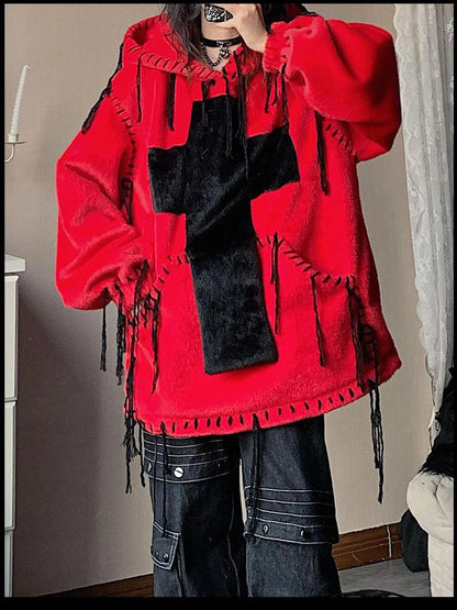 Wool Cross Fur Hooded Coat One Size Fits All