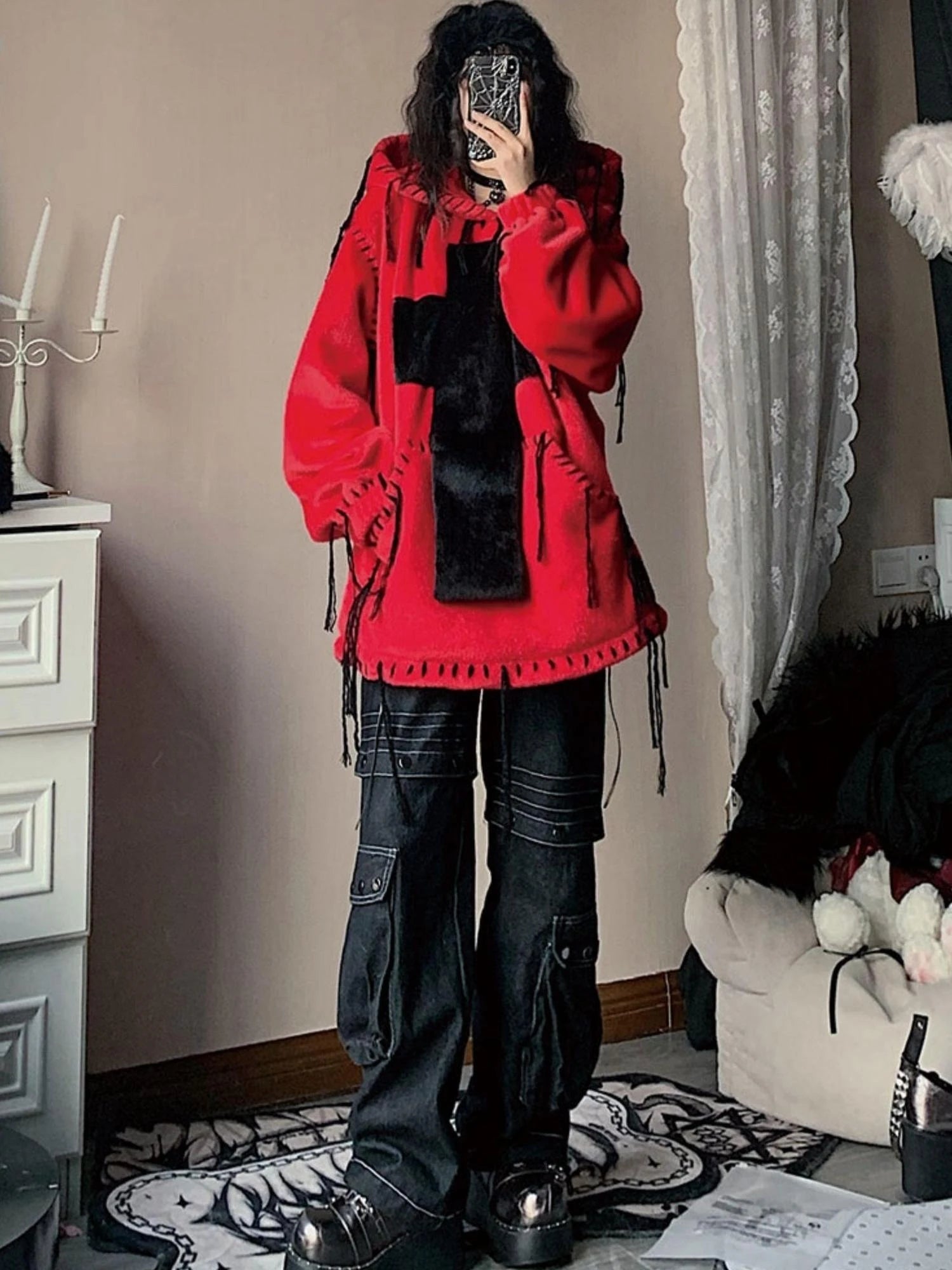 Wool Cross Fur Hooded Coat One Size Fits All