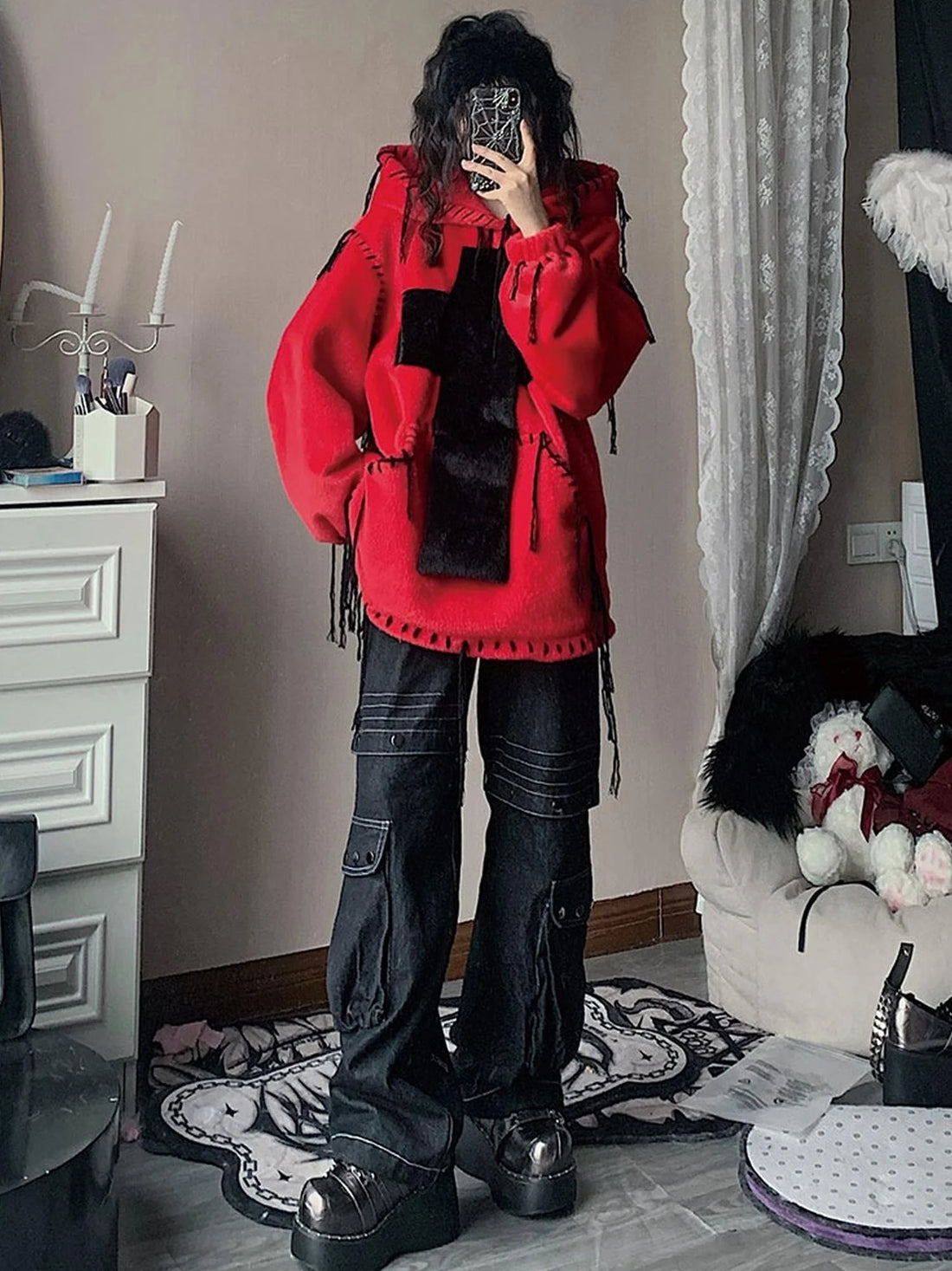 Wool Cross Fur Hooded Coat One Size Fits All