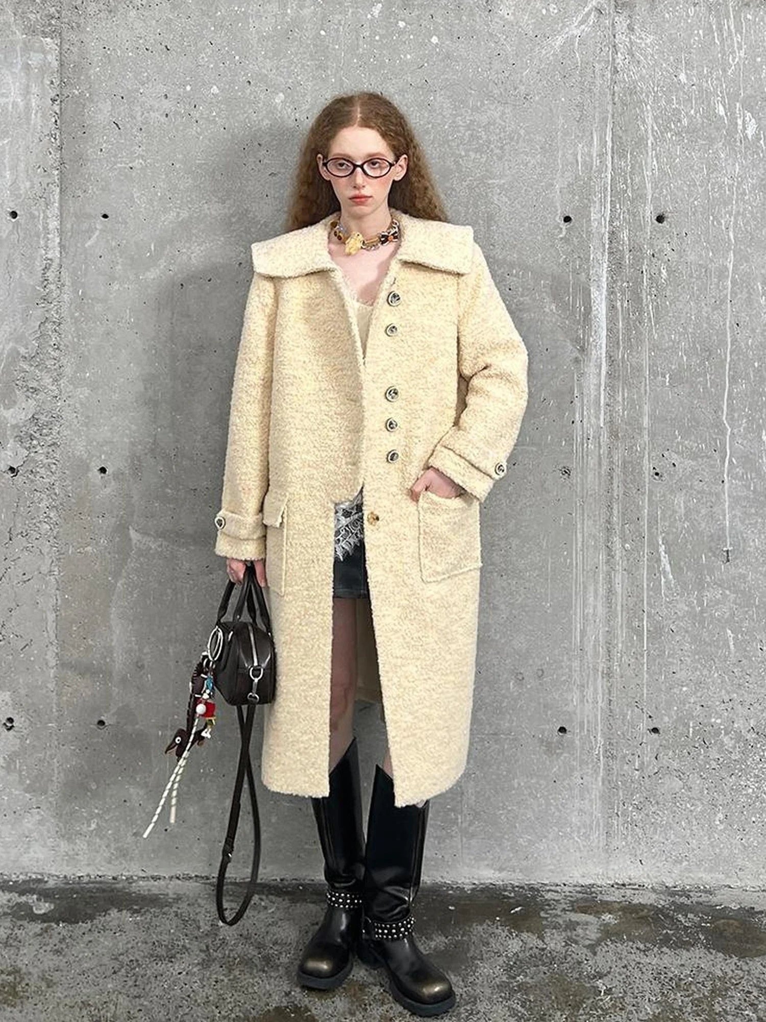 Woolen Cream Oversized Lapel Coat