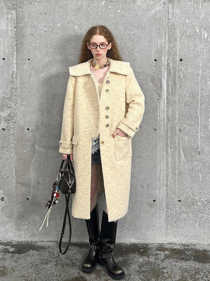 Woolen Cream Oversized Lapel Coat