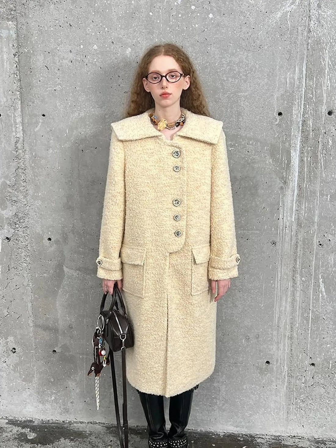 Woolen Cream Oversized Lapel Coat