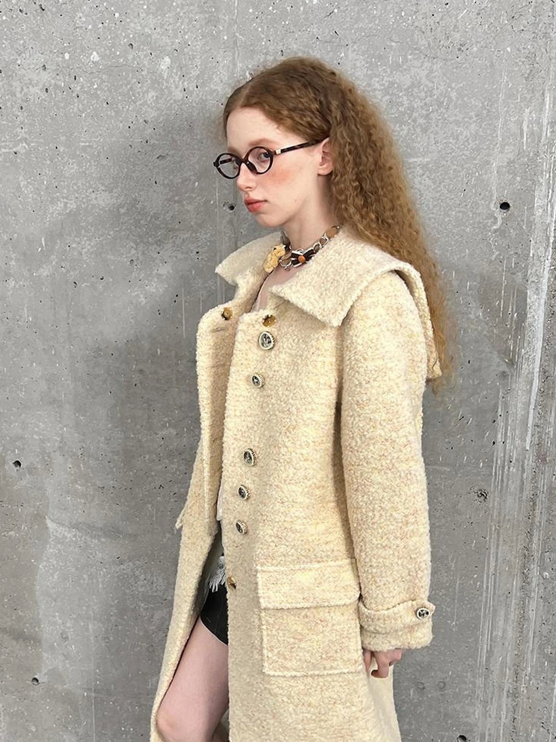 Woolen Cream Oversized Lapel Coat