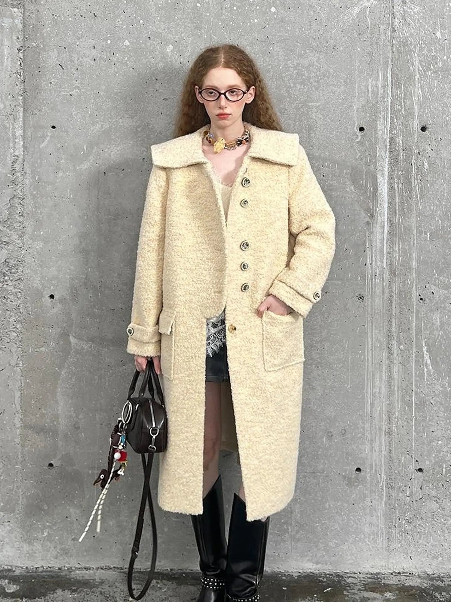 Woolen Cream Oversized Lapel Coat