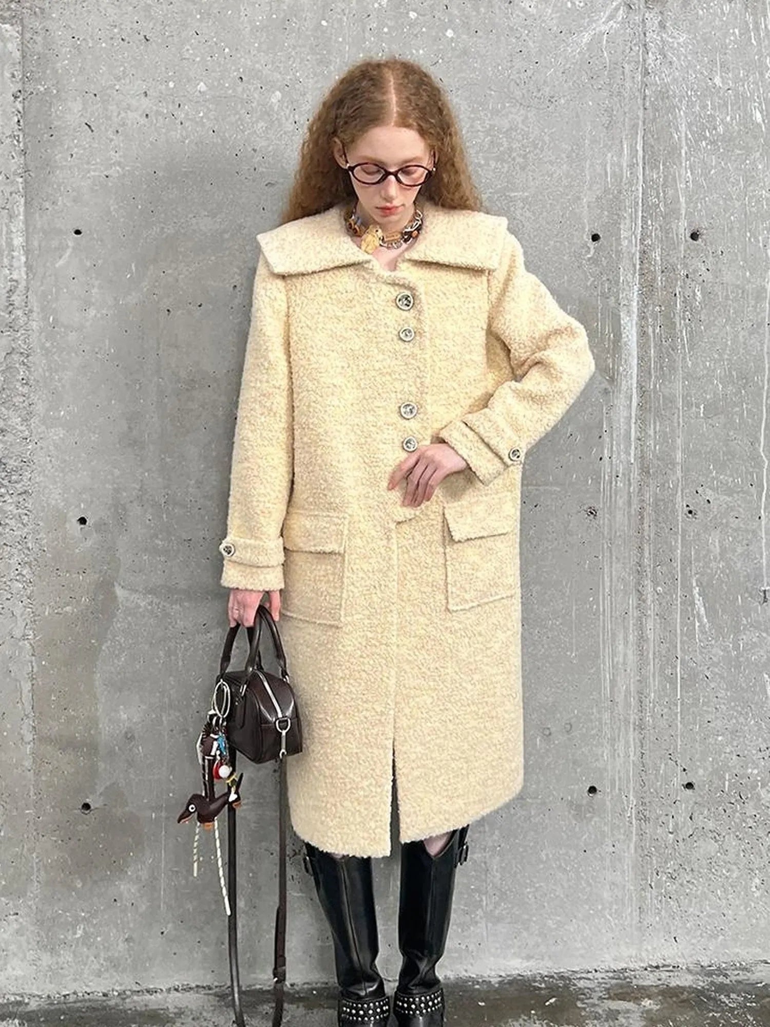Woolen Cream Oversized Lapel Coat