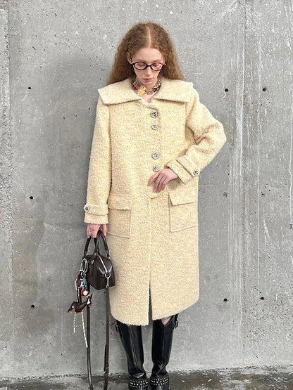 Woolen Cream Oversized Lapel Coat