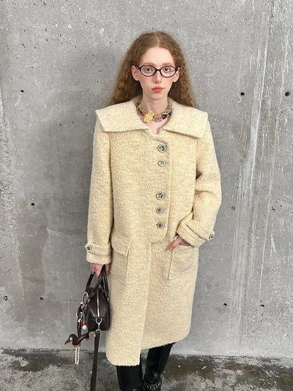 Woolen Cream Oversized Lapel Coat