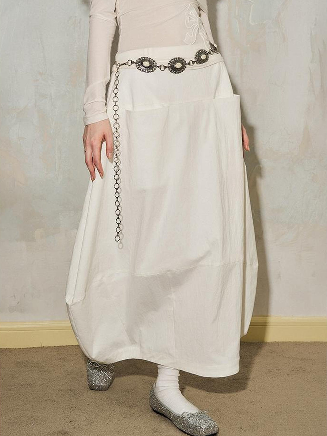 DIDDI MODA Wrinkle Textured Lantern Midi Skirt