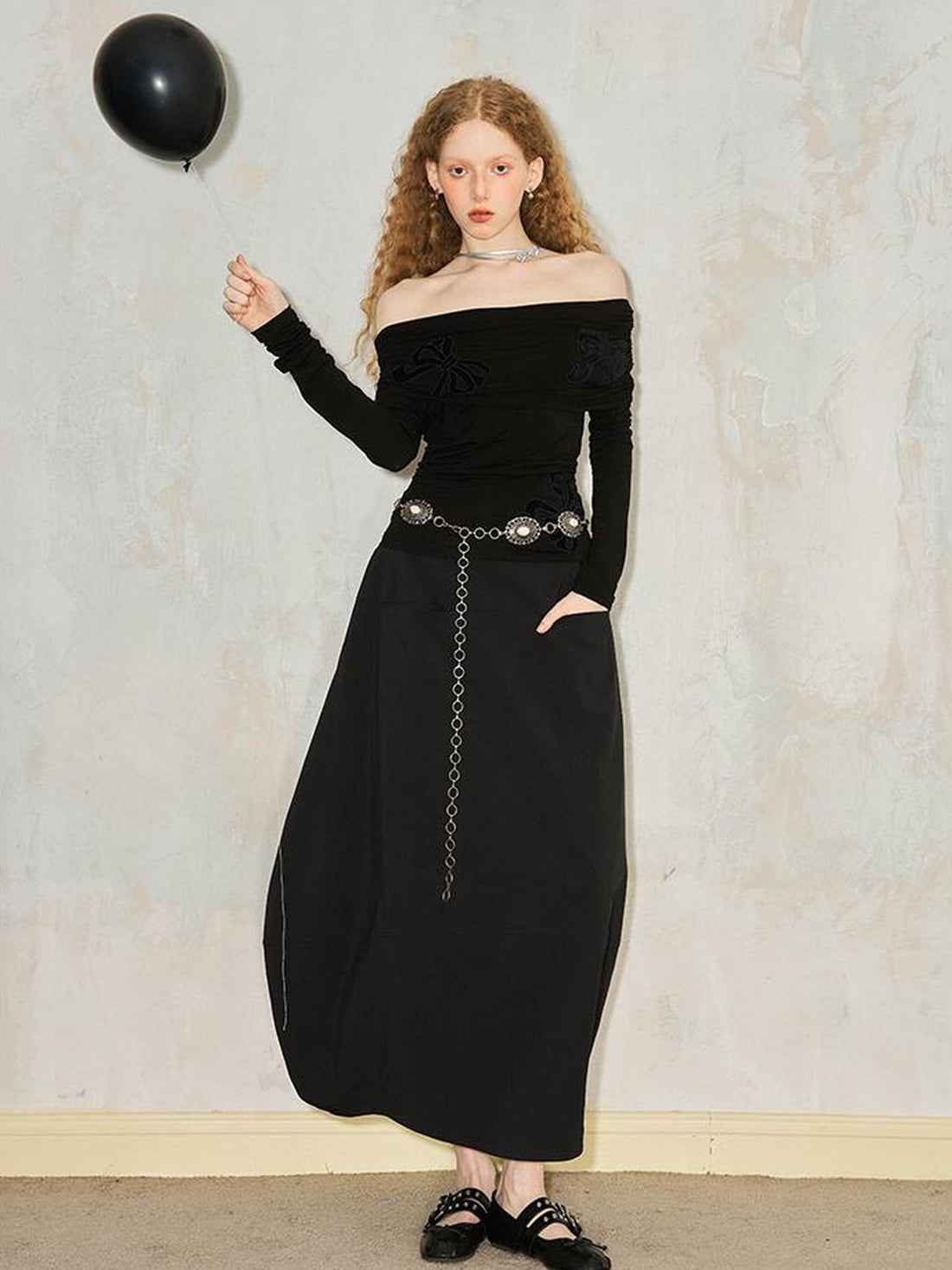 DIDDI MODA Wrinkle Textured Lantern Midi Skirt