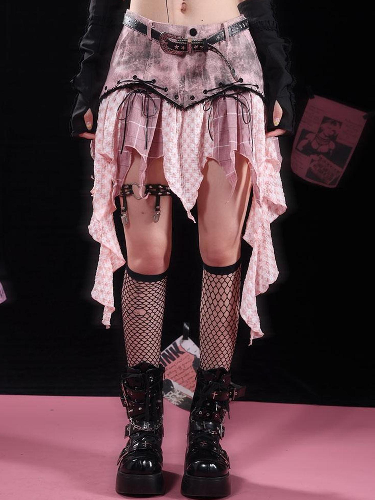 WSW WUSHENWU Wsw Asymmetrical Deconstructed Denim Skirt Black Pink Original Design