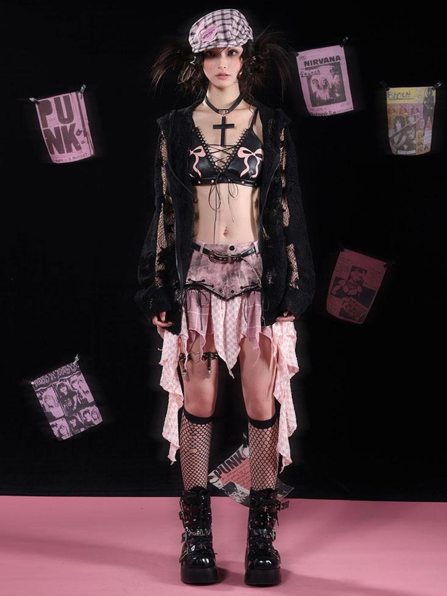 WSW WUSHENWU Wsw Asymmetrical Deconstructed Denim Skirt Black Pink Original Design
