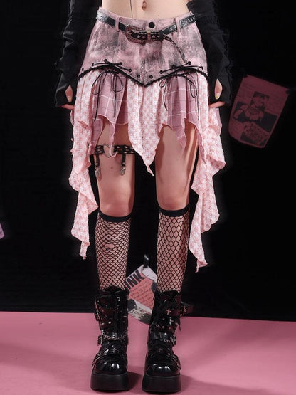 WSW WUSHENWU Wsw Asymmetrical Deconstructed Denim Skirt Black Pink Original Design