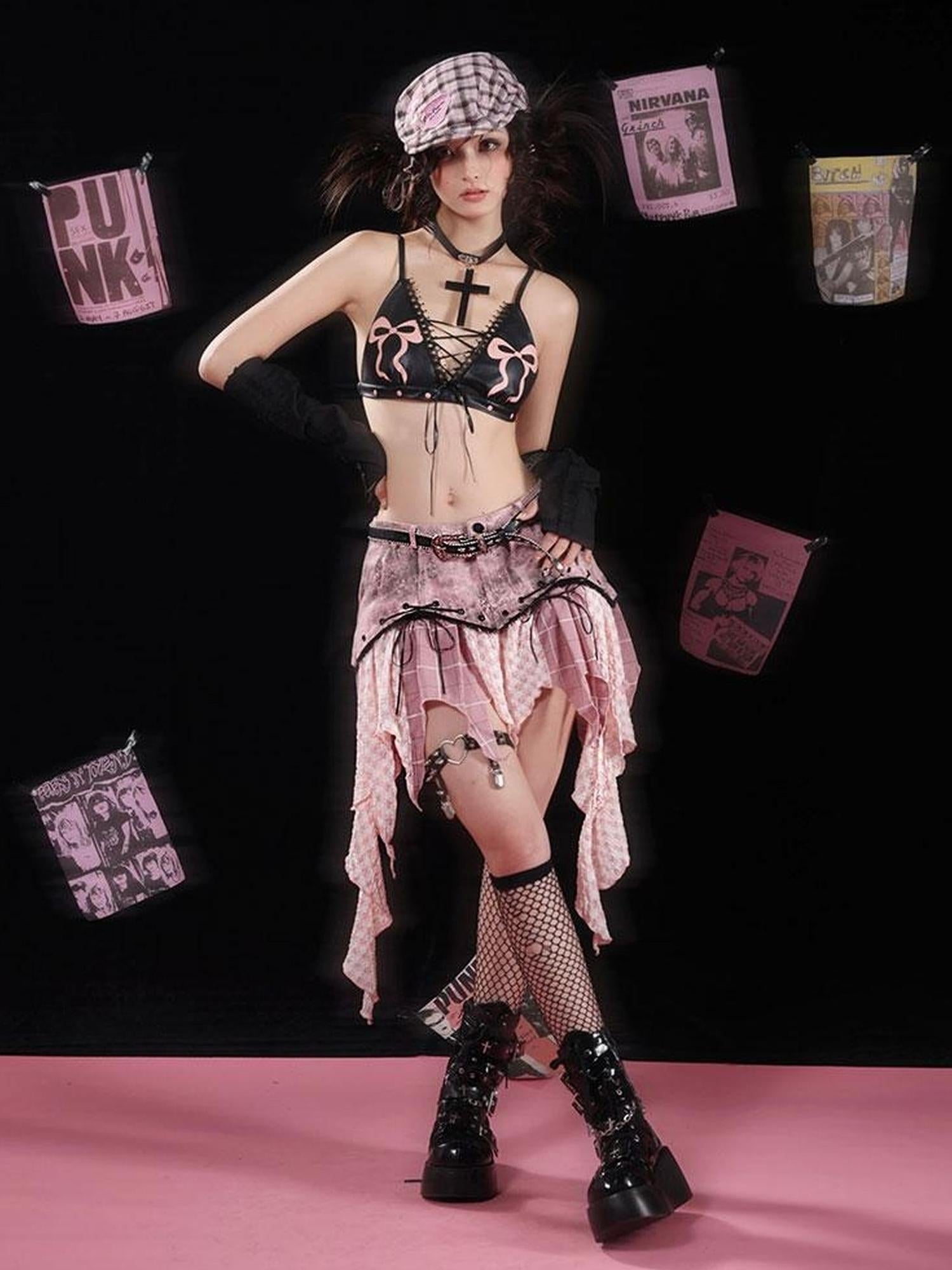 WSW WUSHENWU Wsw Asymmetrical Deconstructed Denim Skirt Black Pink Original Design