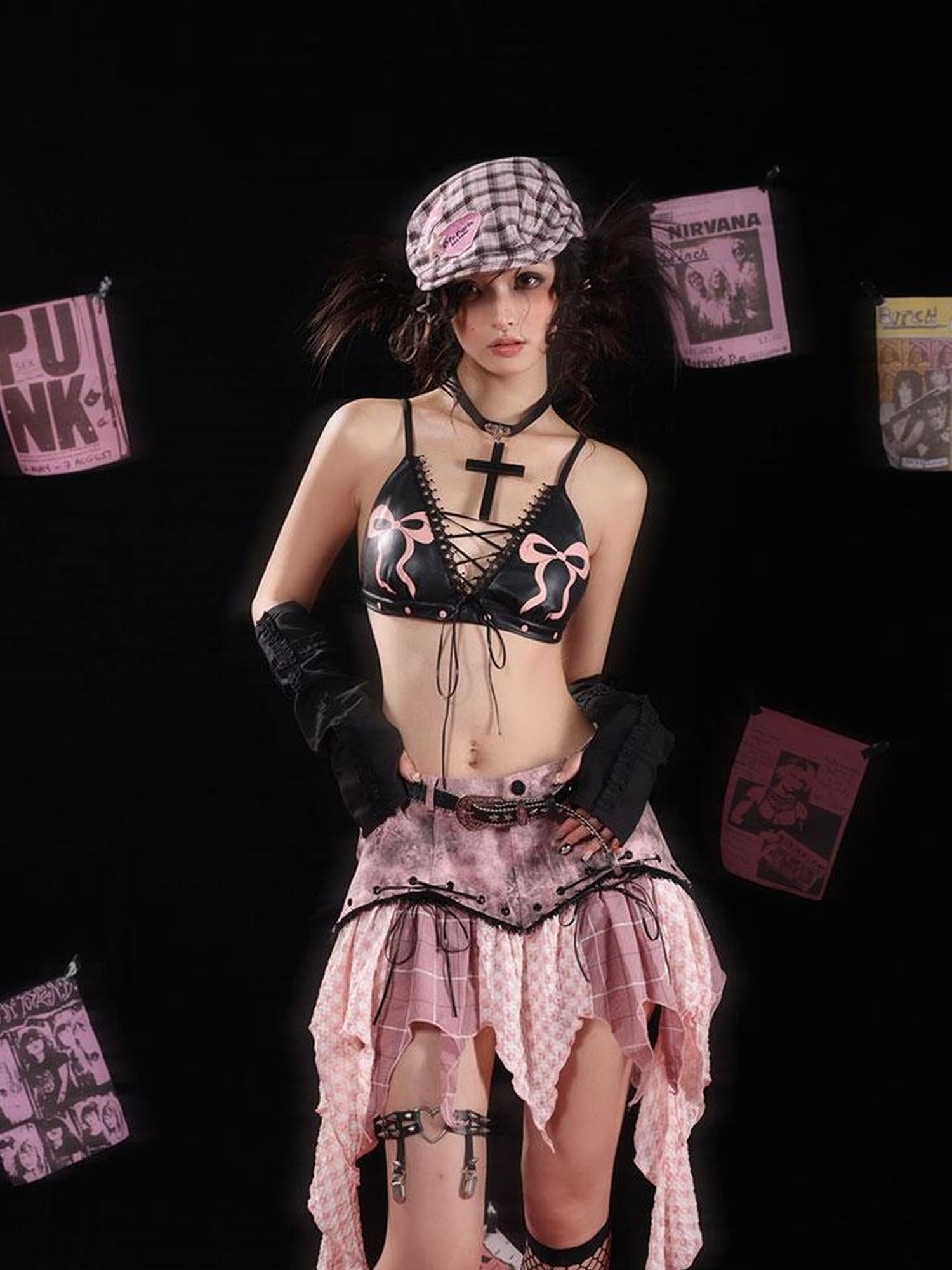 WSW WUSHENWU Wsw Asymmetrical Deconstructed Denim Skirt Black Pink Original Design