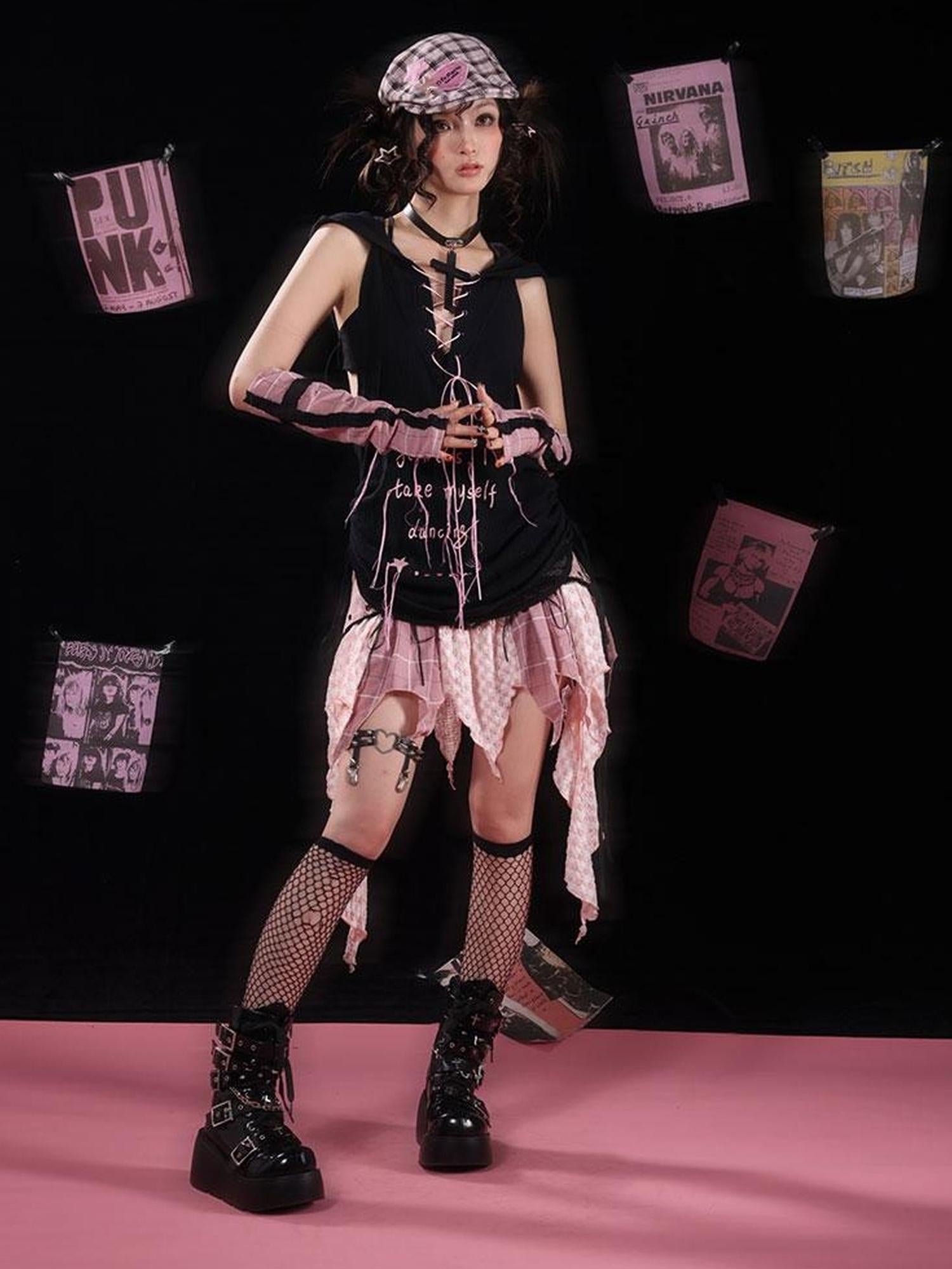 WSW WUSHENWU Wsw Asymmetrical Deconstructed Denim Skirt Black Pink Original Design
