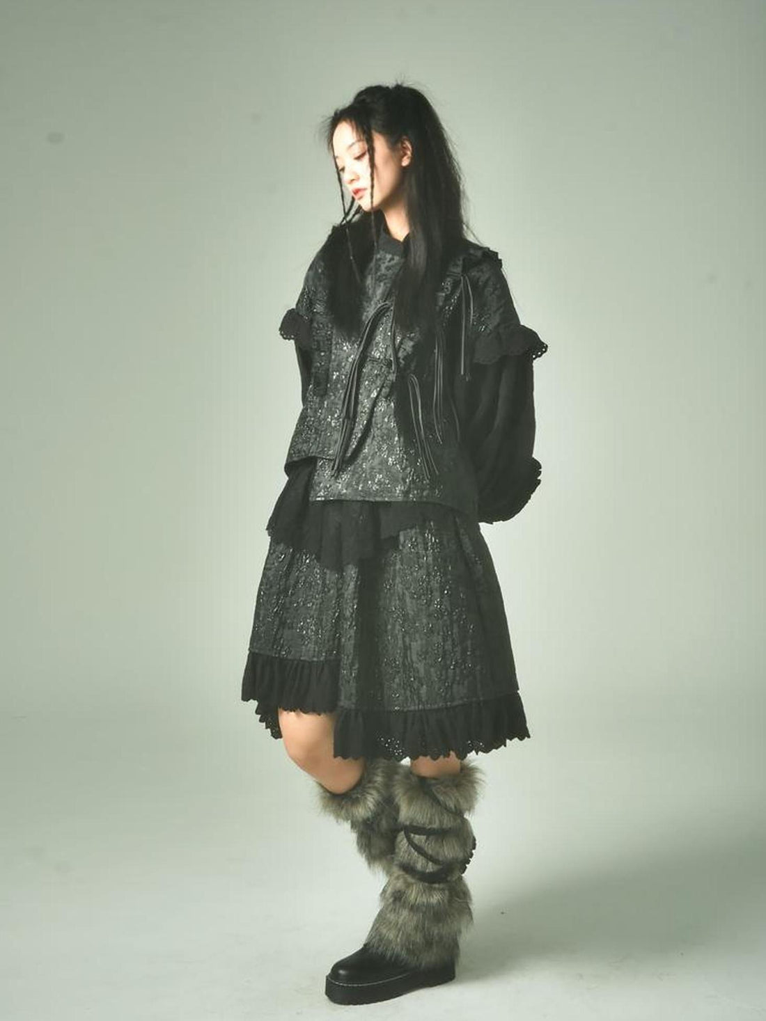 Sweet Mi Xuanqing Brocade Lace Y2k Skirt Suit With Shirring Retro Details