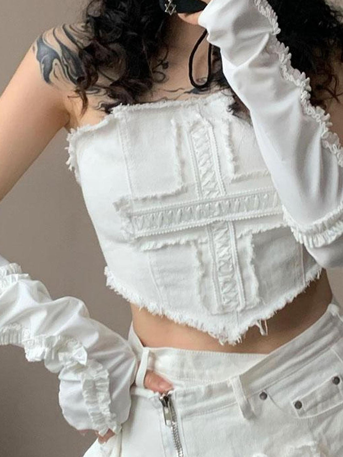 WSW WUSHENWU Y2K Angel Sleeve Cross Lace Pure White Top With Detachable Belt