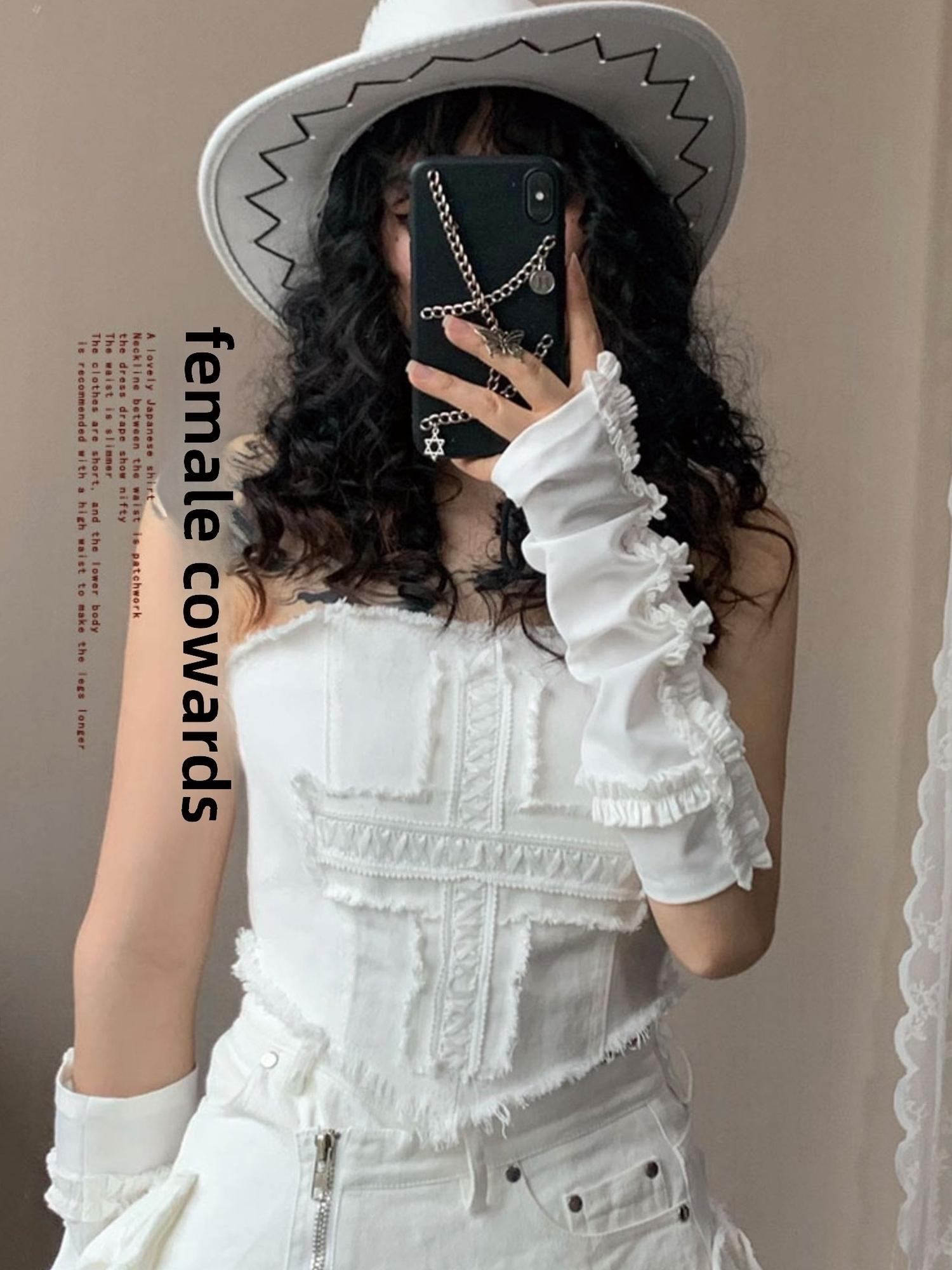WSW WUSHENWU Y2K Angel Sleeve Cross Lace Pure White Top With Detachable Belt