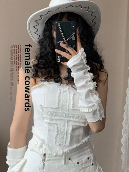 WSW WUSHENWU Y2K Angel Sleeve Cross Lace Pure White Top With Detachable Belt