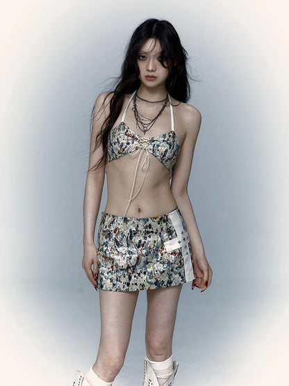 Y2K Bikini Top Skirt Set Beach Outfit Swimsuit
