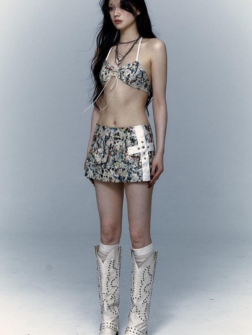 Y2K Bikini Top Skirt Set Beach Outfit Swimsuit
