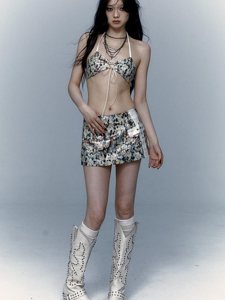 Y2K Bikini Top Skirt Set Beach Outfit Swimsuit