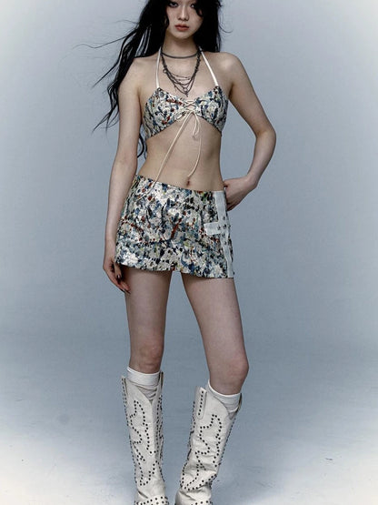 Y2K Bikini Top Skirt Set Beach Outfit Swimsuit