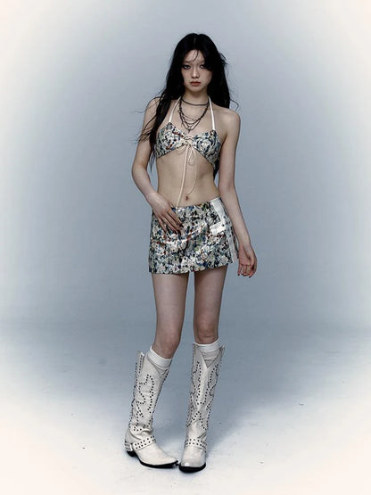 Y2K Bikini Top Skirt Set Beach Outfit Swimsuit