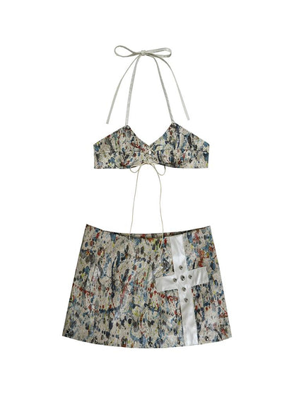 Y2K Bikini Top Skirt Set Beach Outfit Swimsuit