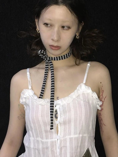 Y2K Black &amp; Gray Striped Scarf Outfit Fashion