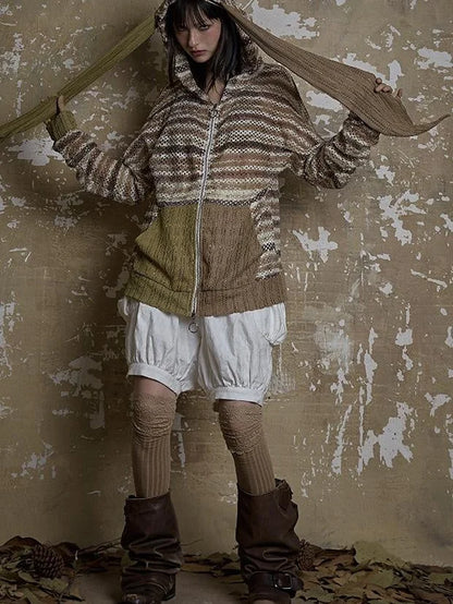 Y2K Bunny Ear Striped Cutout Oversized Hoodie