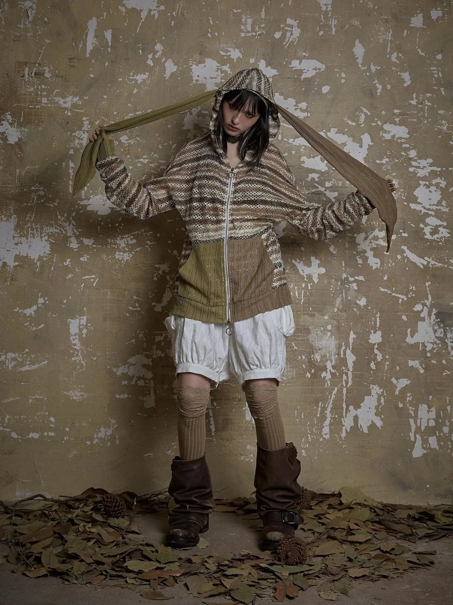 Y2K Bunny Ear Striped Cutout Oversized Hoodie