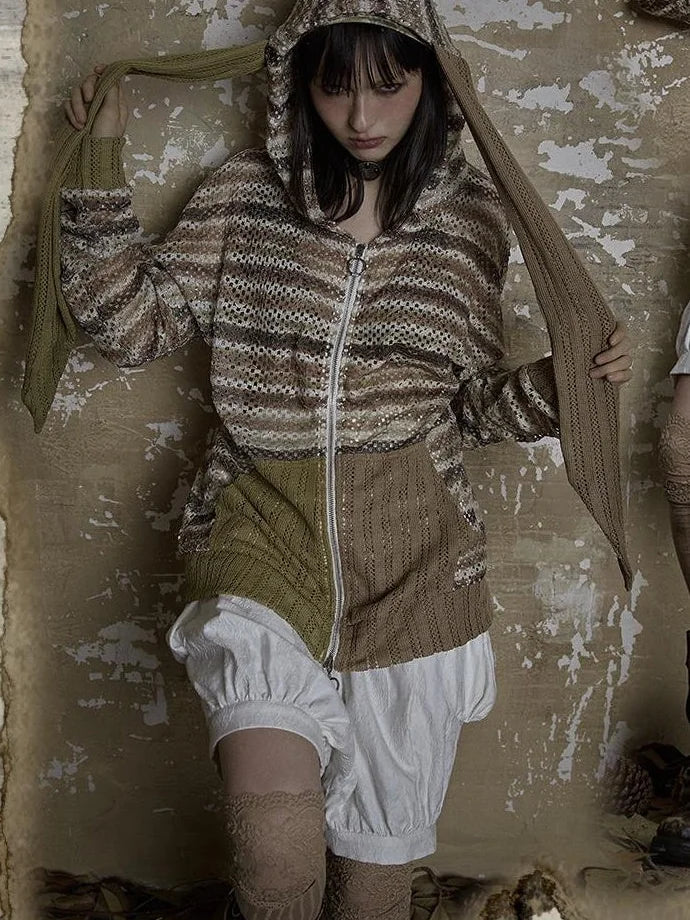 Y2K Bunny Ear Striped Cutout Oversized Hoodie
