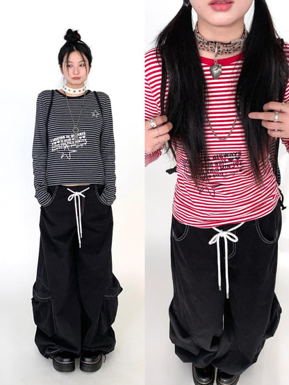 Y2K Color Block Stripe Print Long Sleeve T-shirt
