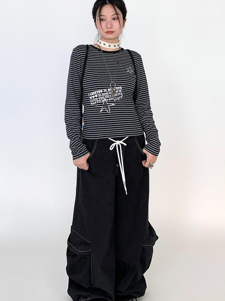 Y2K Color Block Stripe Print Long Sleeve T-shirt