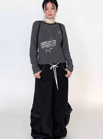Y2K Color Block Stripe Print Long Sleeve T-shirt