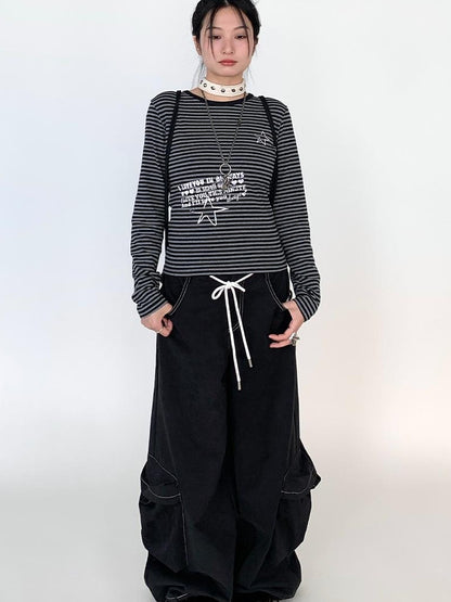 Y2K Color Block Stripe Print Long Sleeve T-shirt