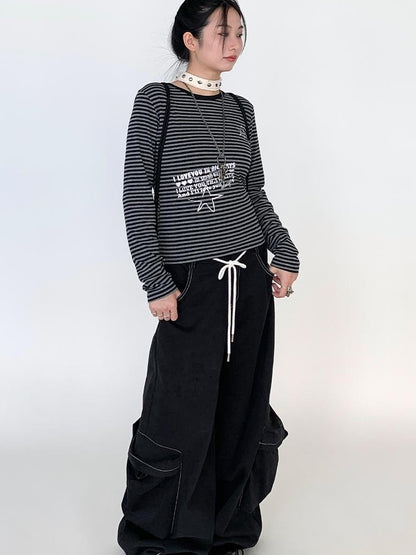 Y2K Color Block Stripe Print Long Sleeve T-shirt