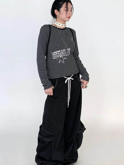 Y2K Color Block Stripe Print Long Sleeve T-Shirt