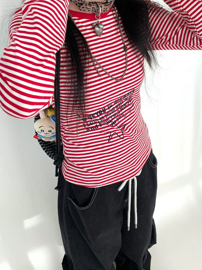 Y2K Color Block Stripe Print Long Sleeve T-shirt