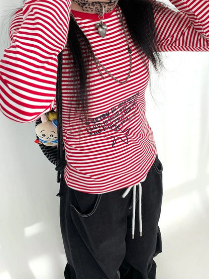Y2K Color Block Stripe Print Long Sleeve T-Shirt