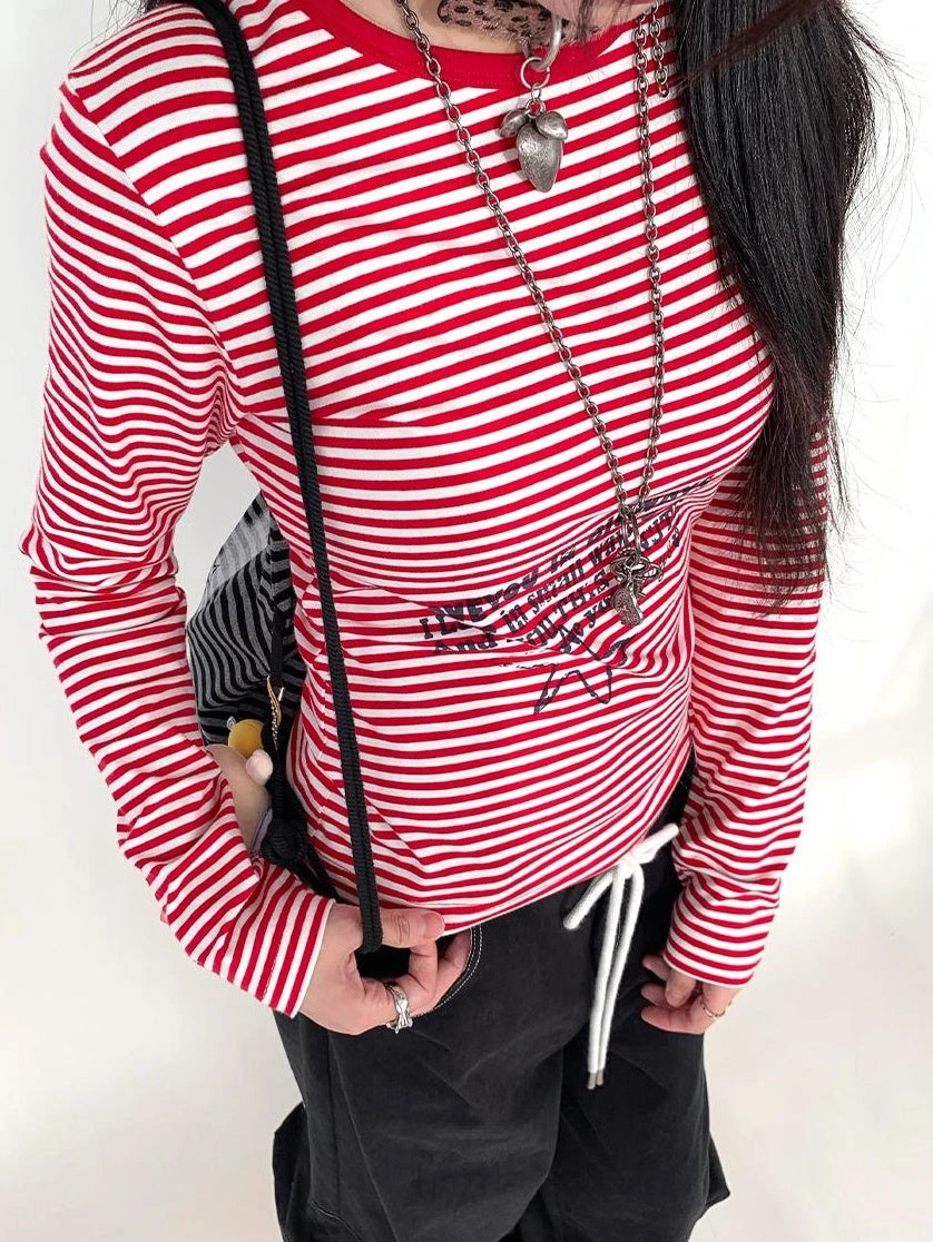 Y2K Color Block Stripe Print Long Sleeve T-Shirt