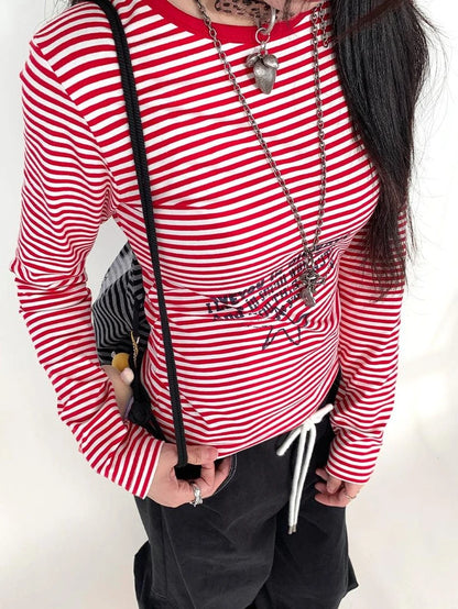 Y2K Color Block Stripe Print Long Sleeve T-Shirt
