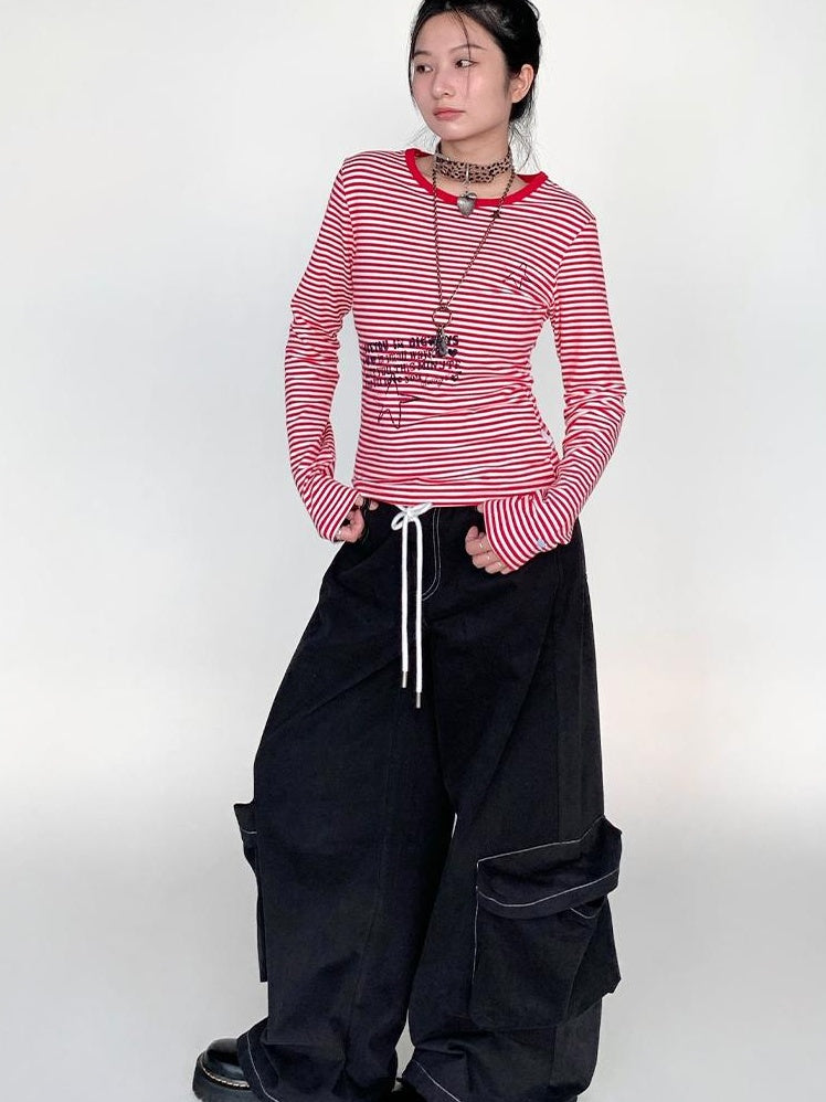 Y2K Color Block Stripe Print Long Sleeve T-shirt