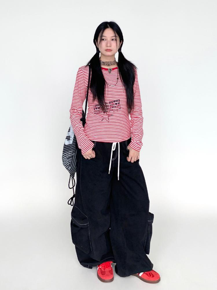 Y2K Color Block Stripe Print Long Sleeve T-shirt