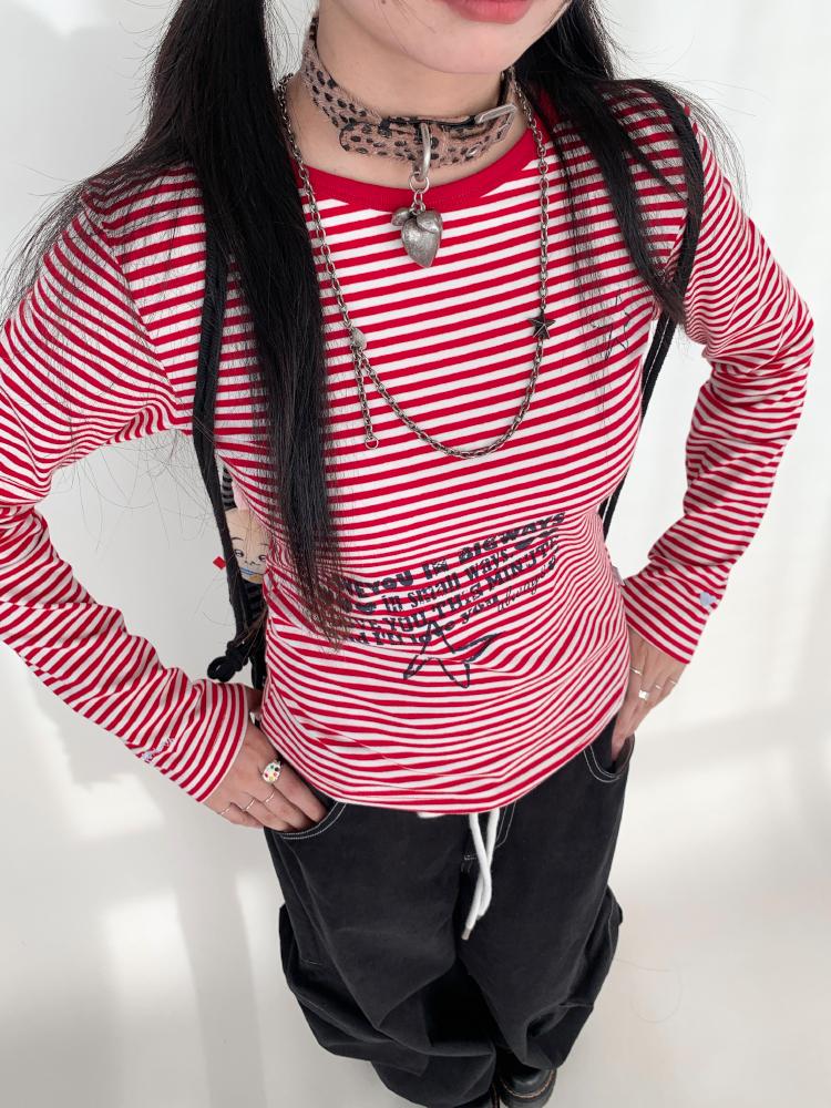 Y2K Color Block Stripe Print Long Sleeve T-shirt