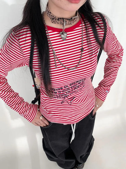 Y2K Color Block Stripe Print Long Sleeve T-Shirt
