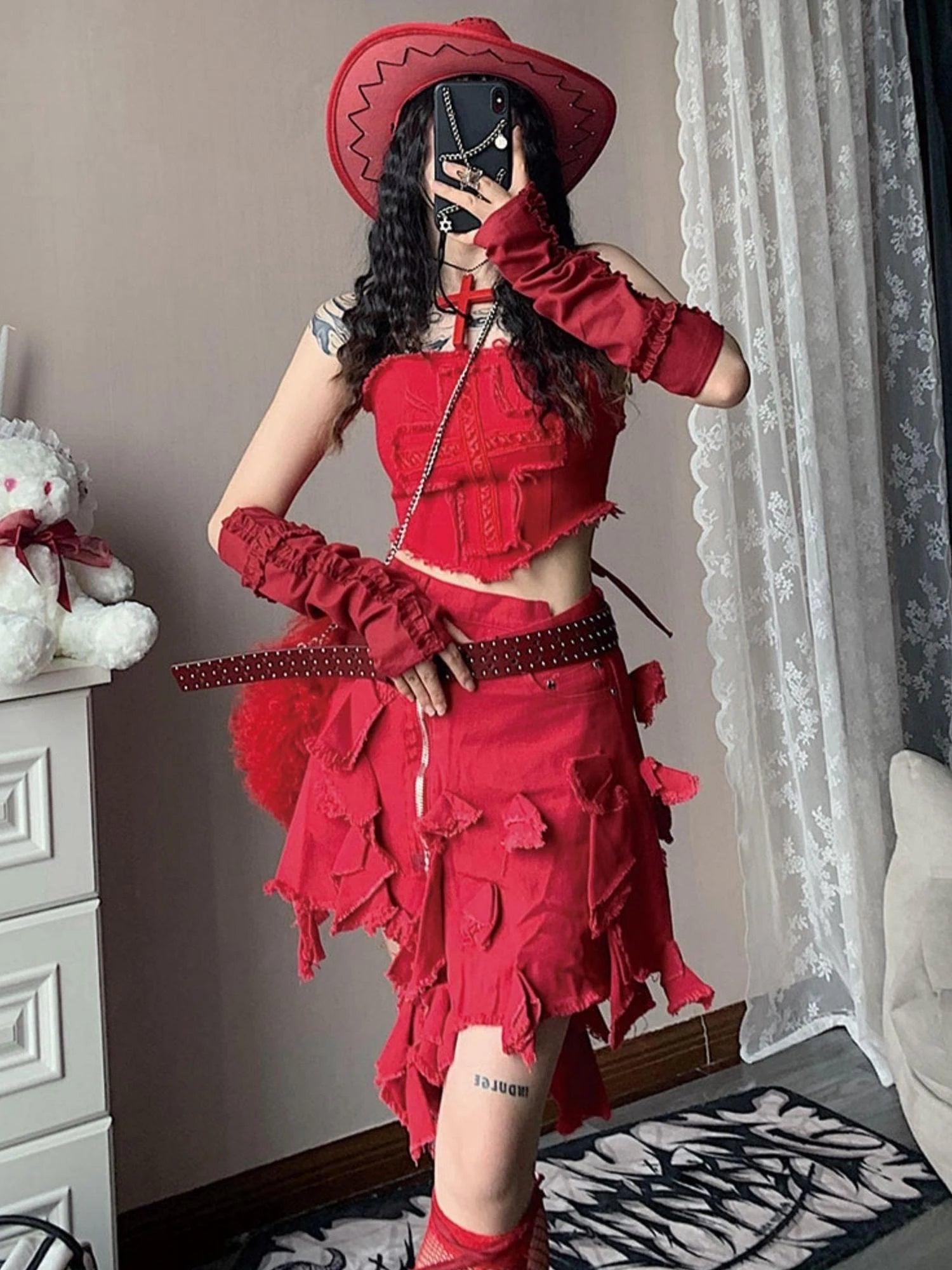 Y2K Cross Lace Denim Mini Skirt