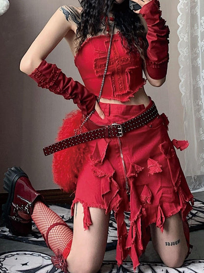 WSW WUSHENWU Y2K Cross Lace Denim Mini Skirt